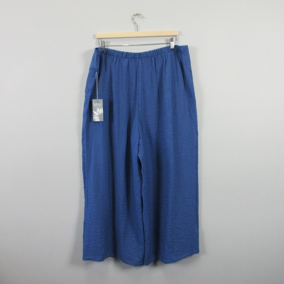 Habitat Crinkle Wide Leg Cropped Pants Women XXL Blue Pull On Lagenlook 310 - Picture 2 of 12